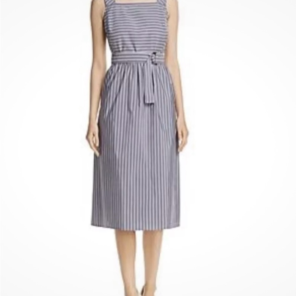 Lafayette 148 Armilla Striped Cotton Silk Linen Blue Belted A-Line Midi Dress